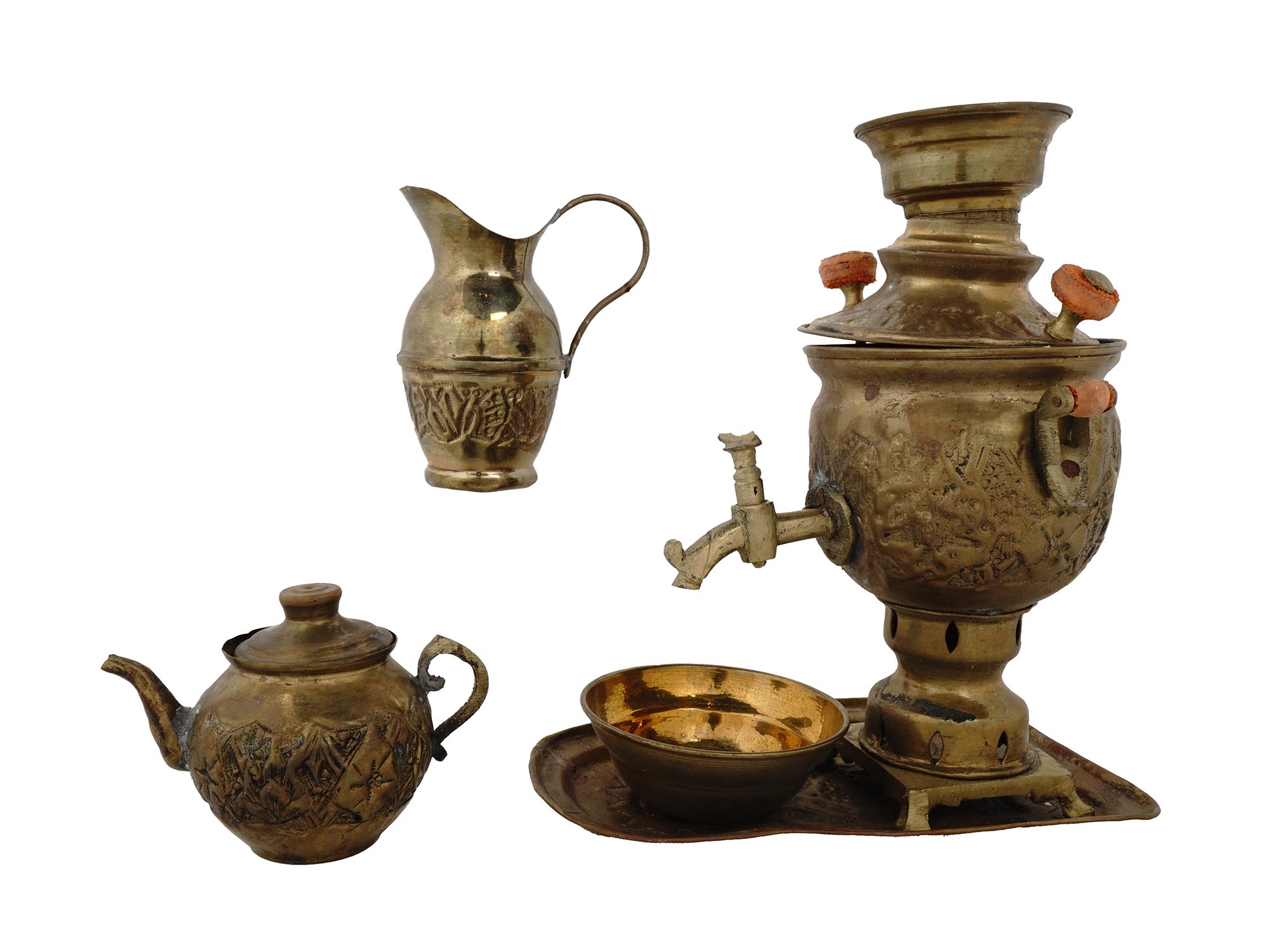 ANTIQUE EARLY 20TH C. PERSIAN BRASS SAMOVAR SET PIC-
